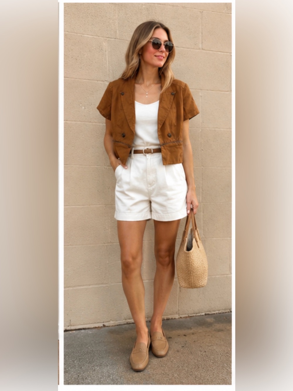 Worthington Short Sleeve Cropped Blazer in Camel Brown